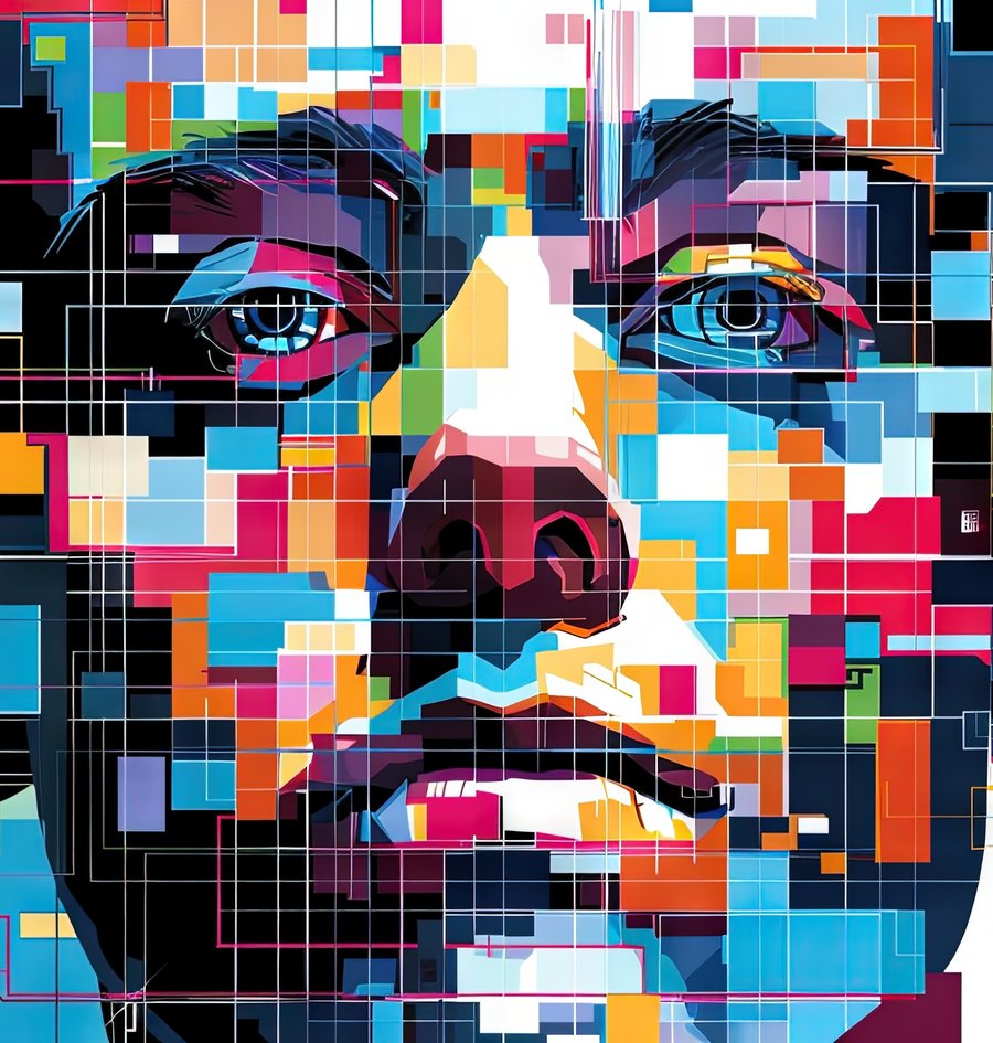 Retrato en mosaico digital, referencia visual a la síntesis de imagen por IA