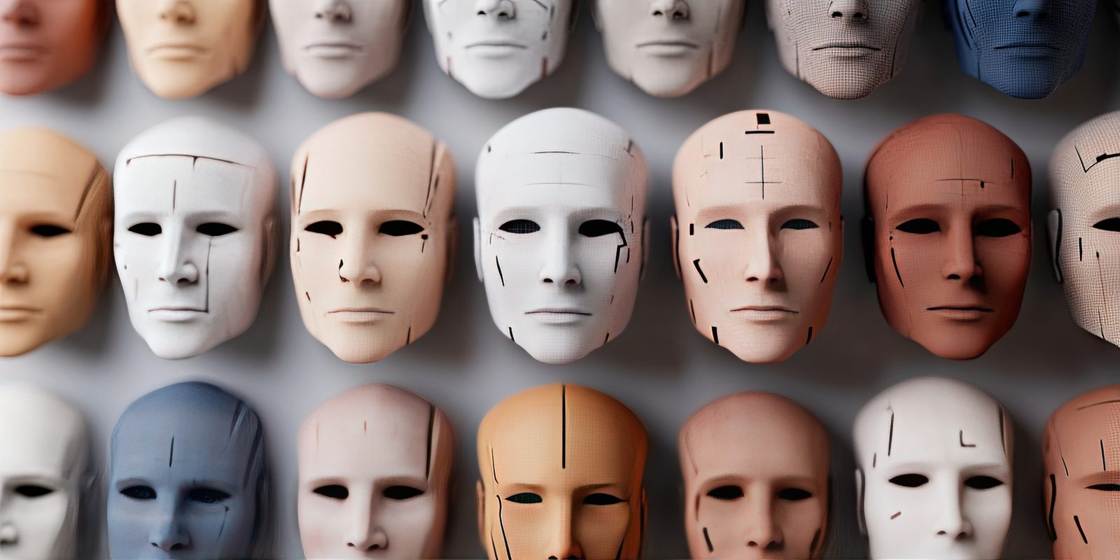 Filas de máscaras faciales sintéticas sin rasgos propios